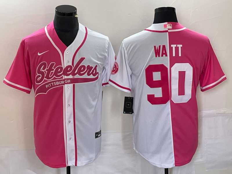 Men%27s Pittsburgh Steelers #90 TJ Watt Pink White Two Tone With Patch Cool Base Stitched Baseball Jersey